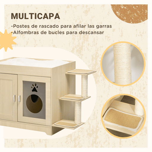 PawHut Caixa de Areia para Gatos de Madeira com 2 Portas Móvel para Caixa de Areia com Cama Almofada Suave 3 Plataformas e Postes de Sisal 107x54x70cm Carvalho