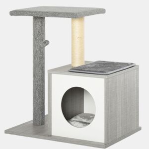PawHut Arranhador para Gatos 59x39x62 cm Arranhador para Gatos de 3 Níveis com Plataformas Poste de Arranhar Caverna Espaçosa Almofadas Amovíveis e Bolsa de Brinquedo Cinza