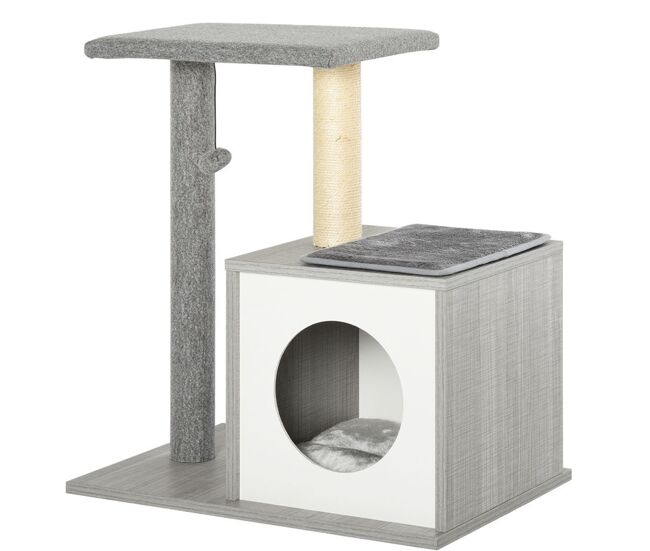 Pawhut árbol para gatos 59x39x62 cm rascador para gatos de 3 niveles con plataformas postes de rascado cueva de madera espaciosa cojines extraíbles suaves bola de juguete gris