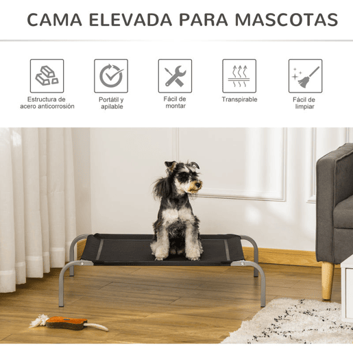 PawHut Cama Elevada para Animais de Estimação Cama para Cães e Gatos Desmontável Tecido Textilene Exterior Jardim Terraço 90x65x20cm Preto