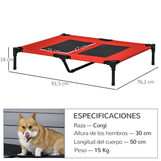 PawHut Cama Elevada para Cães Cama de Animais de Estimação com Malha Transpirável e Tecido Oxford para Exterior Interior Ar Livre Jardim Terraço 91,5x76,2x18cm Vermelho