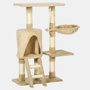 PawHut Árvore para gatos com Corda de Brincar Placa de Madeira e Revestido de Pêlo- Castanho - 30x55x96cm