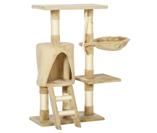 Pawhut árbol para gatos rascador 55x30x95 cm con nido plataforma caseta escalera cuerda de juego tablero de madera y cubierto de felpa marrón