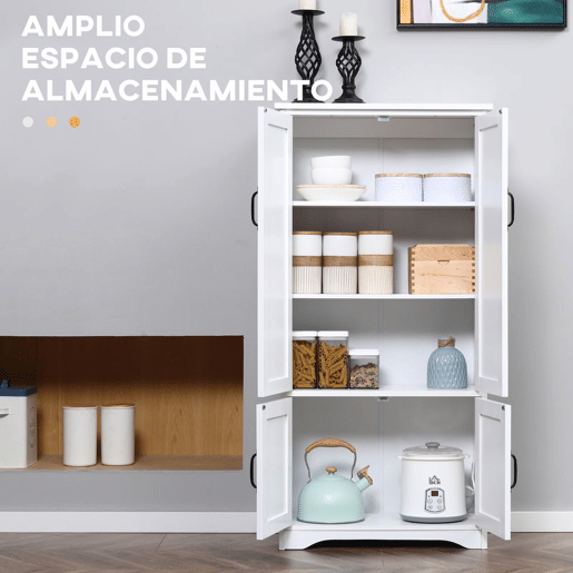 HOMCOM Armário de Cozinha Armário de Cozinha Alto Móvel Auxiliar com 4 Portas e Prateleiras Ajustáveis para Sala de Estar 60x30x123 cm Branco
