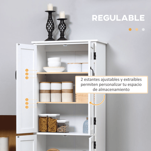 HOMCOM Armário de Cozinha Armário de Cozinha Alto Móvel Auxiliar com 4 Portas e Prateleiras Ajustáveis para Sala de Estar 60x30x123 cm Branco