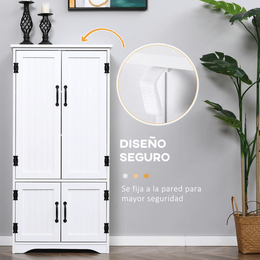 HOMCOM Armário de Cozinha Armário de Cozinha Alto Móvel Auxiliar com 4 Portas e Prateleiras Ajustáveis para Sala de Estar 60x30x123 cm Branco