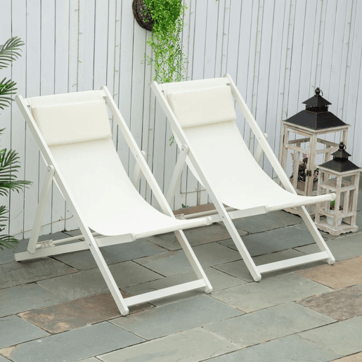 Outsunny Conjunto de 2 Espreguiçadeiras Dobráveis de Alumínio para Jardim com Encosto Ajustável em 5 Posições e Apoio de Cabeça para Terraço Pátio Exterior 60x100x85 cm Branco