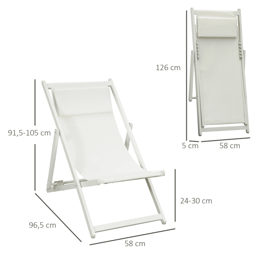 Outsunny Conjunto de 2 Espreguiçadeiras Dobráveis de Alumínio para Jardim com Encosto Ajustável em 5 Posições e Apoio de Cabeça para Terraço Pátio Exterior 60x100x85 cm Branco
