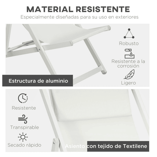 Outsunny Conjunto de 2 Espreguiçadeiras Dobráveis de Alumínio para Jardim com Encosto Ajustável em 5 Posições e Apoio de Cabeça para Terraço Pátio Exterior 60x100x85 cm Branco