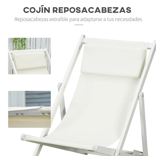Outsunny Conjunto de 2 Espreguiçadeiras Dobráveis de Alumínio para Jardim com Encosto Ajustável em 5 Posições e Apoio de Cabeça para Terraço Pátio Exterior 60x100x85 cm Branco