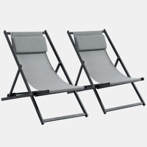 Outsunny Conjunto de 2 Espreguiçadeiras Dobráveis de Alumínio para Jardim com Encosto Ajustável em 5 Posições e Apoio de Cabeça para Terraço e Exterior 60x100x85 cm Cinzento
