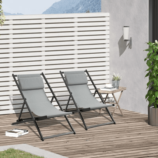 Outsunny Conjunto de 2 Espreguiçadeiras Dobráveis de Alumínio para Jardim com Encosto Ajustável em 5 Posições e Apoio de Cabeça para Terraço e Exterior 60x100x85 cm Cinzento