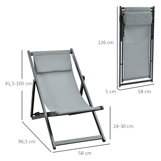 Outsunny Conjunto de 2 Espreguiçadeiras Dobráveis de Alumínio para Jardim com Encosto Ajustável em 5 Posições e Apoio de Cabeça para Terraço e Exterior 60x100x85 cm Cinzento