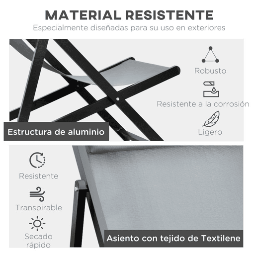 Outsunny Conjunto de 2 Espreguiçadeiras Dobráveis de Alumínio para Jardim com Encosto Ajustável em 5 Posições e Apoio de Cabeça para Terraço e Exterior 60x100x85 cm Cinzento