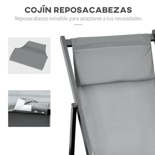 Outsunny Conjunto de 2 Espreguiçadeiras Dobráveis de Alumínio para Jardim com Encosto Ajustável em 5 Posições e Apoio de Cabeça para Terraço e Exterior 60x100x85 cm Cinzento