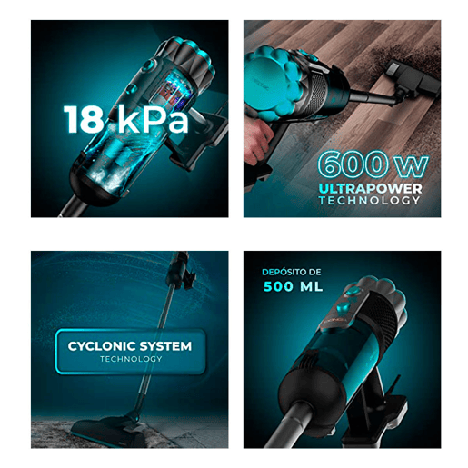 Cecotec Aspirador vertical com cabo. Potência máxima de 600 W e grande poder de sucção de até 18 kPa. Depósito de 500 ml.
