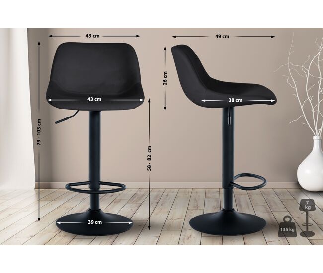 Set de 2 taburetes de bar loft terciopelo negro 49x43x79 cm