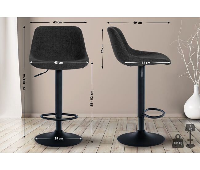 Set de 2 taburetes de bar loft tela negro 49x43x79 cm
