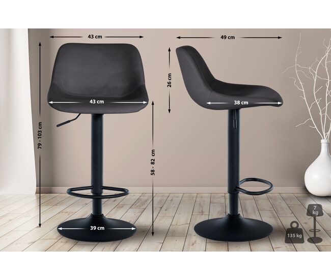 Set de 2 taburetes de bar loft terciopelo gris oscuro 49x43x79 cm
