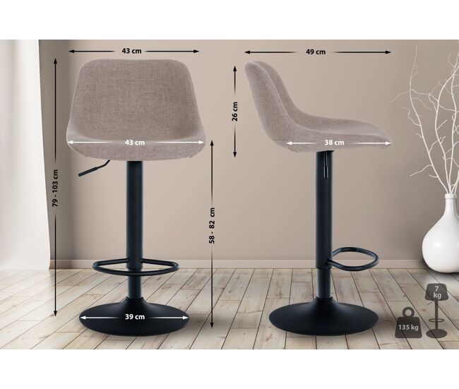 Set de 2 taburetes de bar loft tela gris topo 49x43x79 cm