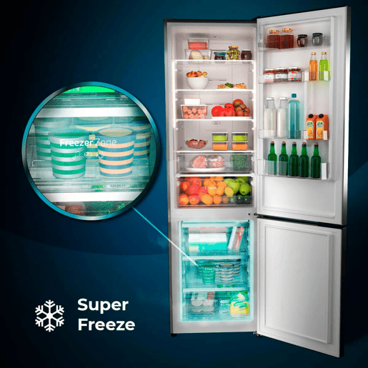 Cecotec Frigorífico Combi Inox com capacidade de 356 l, 200 cm de altura e 60 cm de largura, classe D, com sistema Multi Air Flow, Total No Frost e 2 gaveta para produtos frescos, adaptável a todas as suas necessidades.