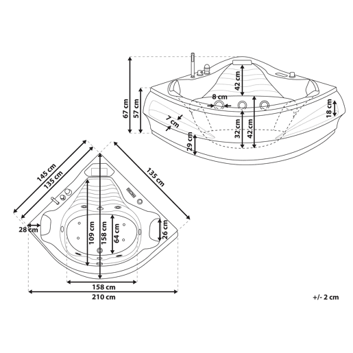 Banheira de hidromassagem de canto com LED MONACO Com altifalante Bluetooth integrado 2100 x 1450 mm Branco