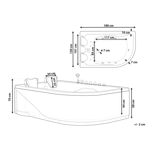 Banheira de hidromassagem de canto com LED CALAMA à direita 1800 x 1200 mm Branco