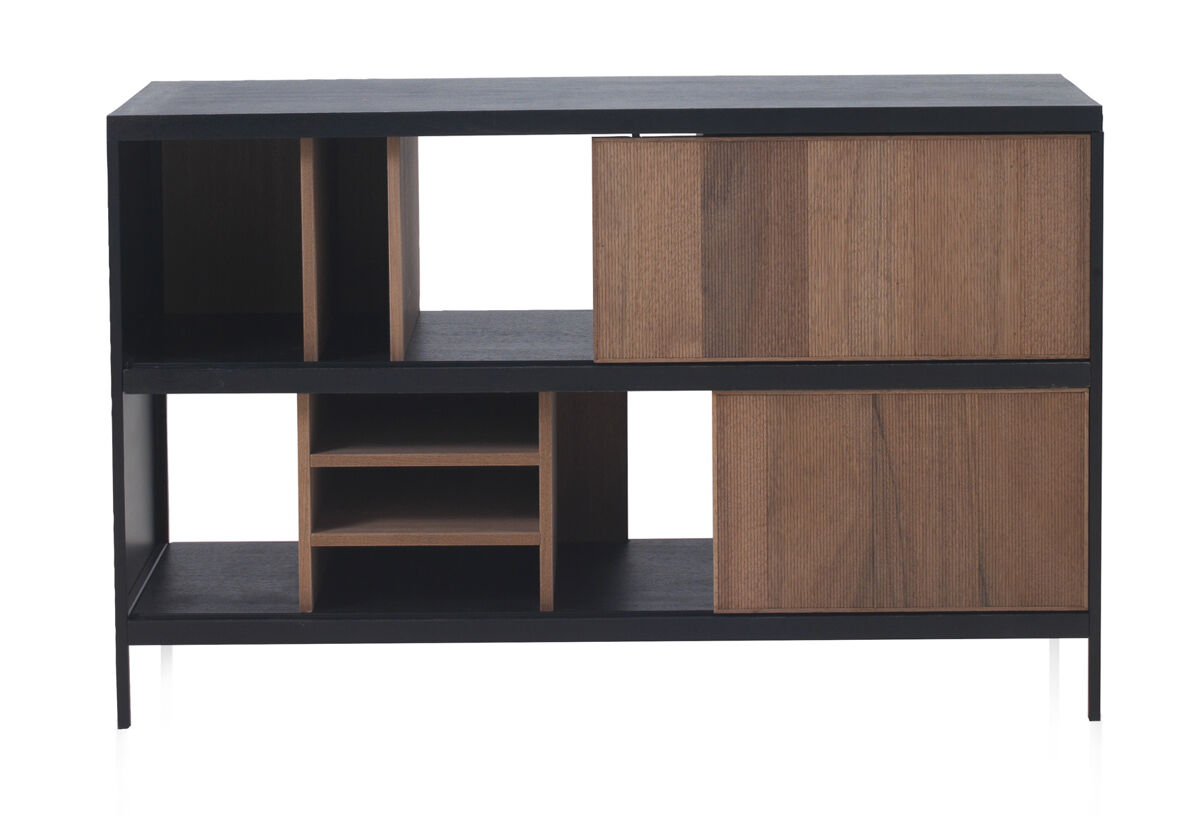 Aparador de madera de fresno con puertas correderas y base de metal