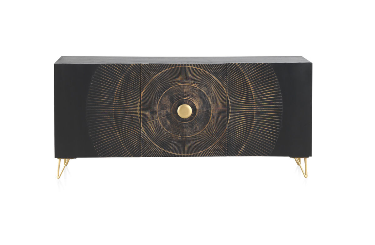 Aparador de madera de mango negro con 3 puertas y pies de metal dorado