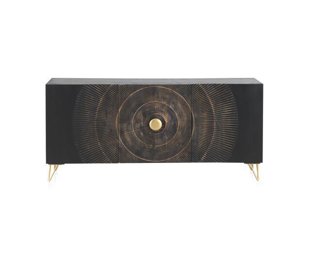 Aparador de madera de mango negro con 3 puertas y pies de metal dorado
