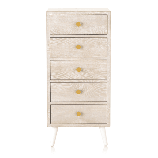 Cómoda 5 Gavetas Branco Patinado com Puxador Dourado