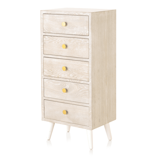 Cómoda 5 Gavetas Branco Patinado com Puxador Dourado