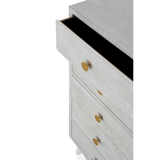 Cómoda 5 Gavetas Branco Patinado com Puxador Dourado