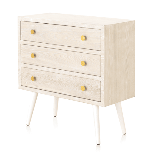Cômoda com 3 Gavetas Freixo Patinado Branco, Puxador Dourado