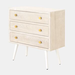 Cômoda com 3 Gavetas Freixo Patinado Branco, Puxador Dourado