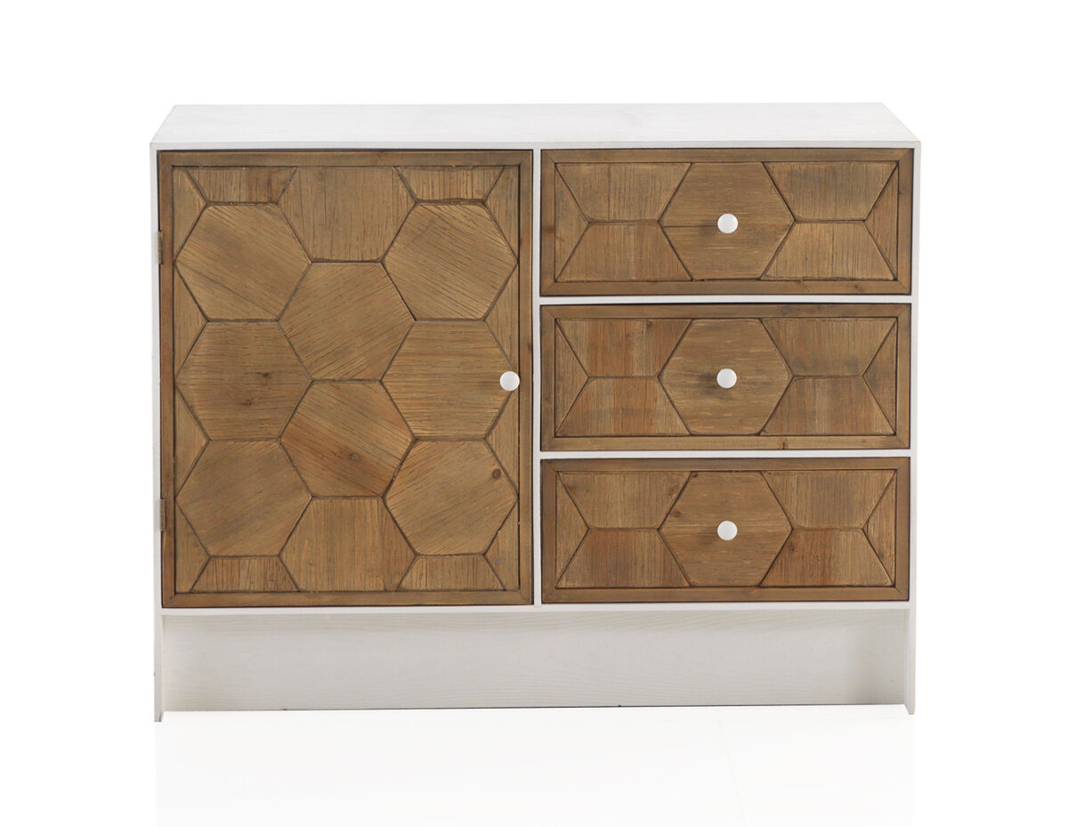 Cómoda de madera de fresno lavado blanco con 1 puerta y 3 cajones