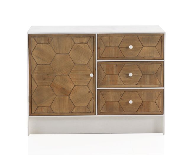 Cómoda de madera de fresno lavado blanco con 1 puerta y 3 cajones