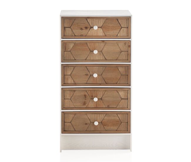 Cómoda de madera de fresno lavada en blanco con 5 cajones
