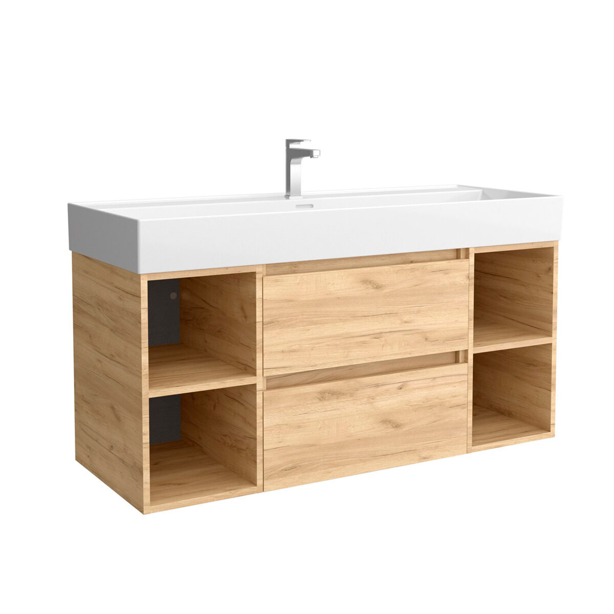 Mueble de baño 120 cm 2 cajones y 2 coquetas laterales 2 huecos roble con lavabo de porcelana
