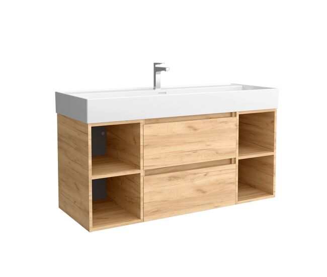 Mueble de baño 120 cm 2 cajones y 2 coquetas laterales 2 huecos roble con lavabo de porcelana