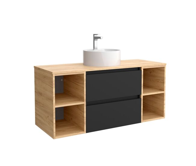 Mueble de baño 120 cm 2 cajones negro mate y 2 coquetas laterales 2 huecos roble con lavabo sobre encimera