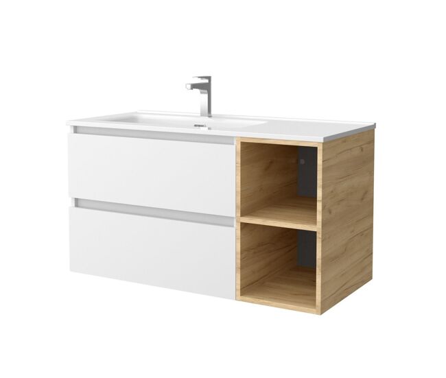 Mueble de baño 100 cm 2 cajones blanco mate y coqueta derecha 2 huecos roble con lavabo integrado