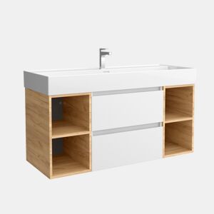 Móvel 120 cm 2 gavetas branco mate e 2 armários laterais 2 furos carvalho com lavatório em porcelana