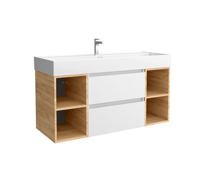 Mueble de baño 120 cm 2 cajones blanco mate y 2 coquetas laterales 2 huecos roble con lavabo de porcelana