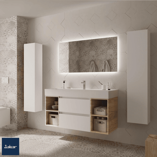 Móvel 120 cm 2 gavetas branco mate e 2 armários laterais 2 furos carvalho com lavatório em porcelana