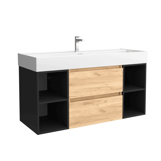 Móveis 120 cm 2 gavetas Carvalho e 2 armários laterais 2 furos Castanho Fosco com Lavatório em Porcelana
