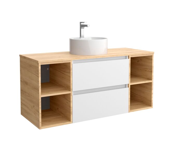 Mueble de baño 120 cm 2 cajones blanco mate y 2 coquetas laterales 2 huecos roble con lavabo sobre encimera