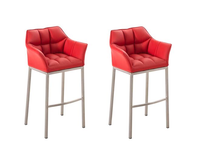 Juego de 2 taburetes de bar damaso con tapizado de cuero sintético y base de cuatro patas simil cuero rojo 48x64x110 cm