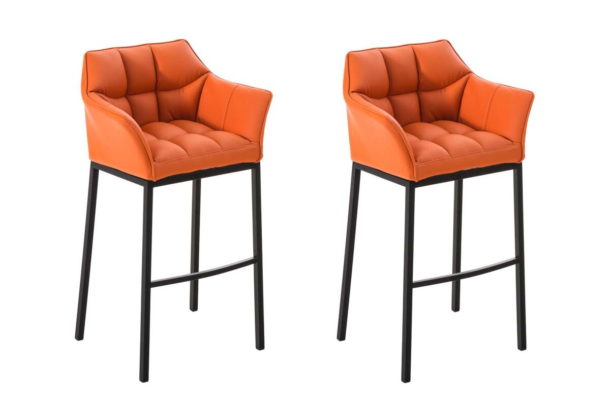 Juego de 2 taburetes de bar damaso con tapizado de cuero sintético y base de cuatro patas simil cuero naranja 48x64x110 cm
