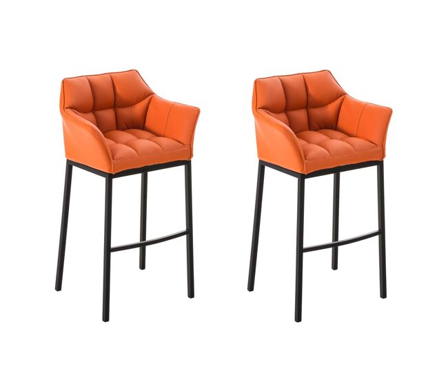 Juego de 2 taburetes de bar damaso con tapizado de cuero sintético y base de cuatro patas simil cuero naranja 48x64x110 cm